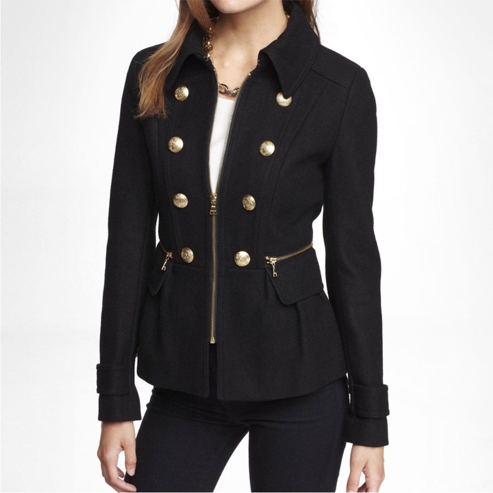 Express Black Bomber Jacket with Gold Buttons